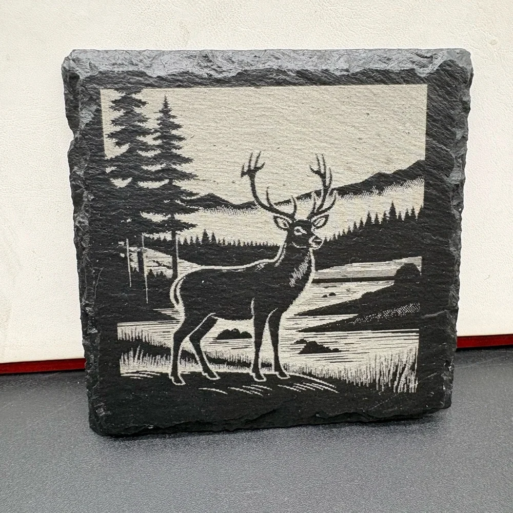 Rustic Deer Slate Coasters‎ - Black and Gray (Set of 4) Laser Engraved Coated